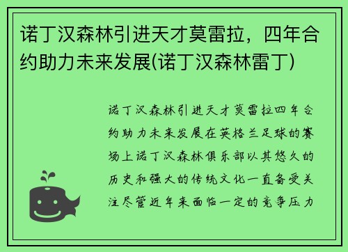 诺丁汉森林引进天才莫雷拉，四年合约助力未来发展(诺丁汉森林雷丁)