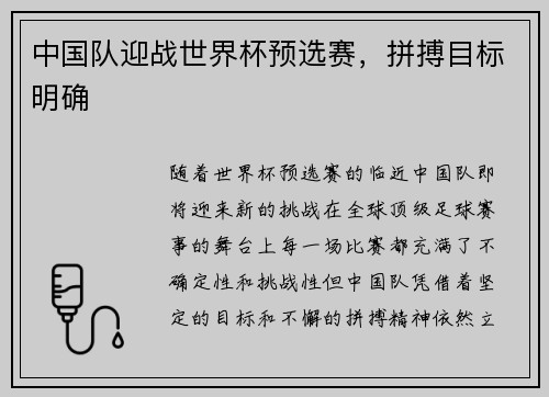 中国队迎战世界杯预选赛，拼搏目标明确