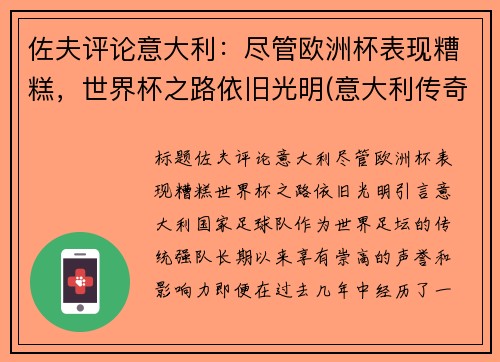 佐夫评论意大利：尽管欧洲杯表现糟糕，世界杯之路依旧光明(意大利传奇门将佐夫)