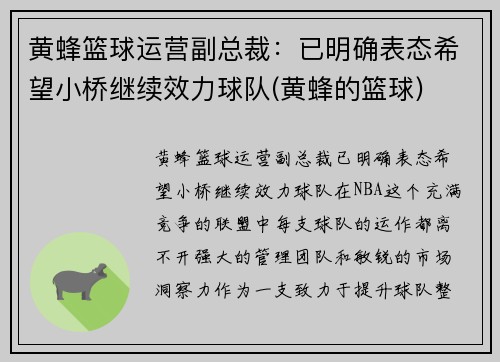 黄蜂篮球运营副总裁：已明确表态希望小桥继续效力球队(黄蜂的篮球)